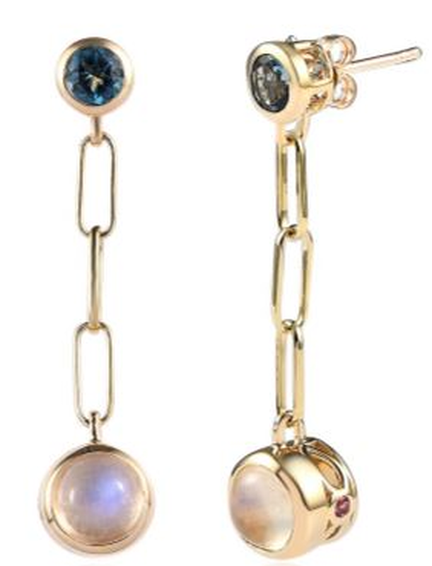 JK Crown Brilliant-Cut Rainbow Moonstone Light Blue Topaz Pink Tourmaline Paperclip Earrings in 14k Yellow Gold image number null